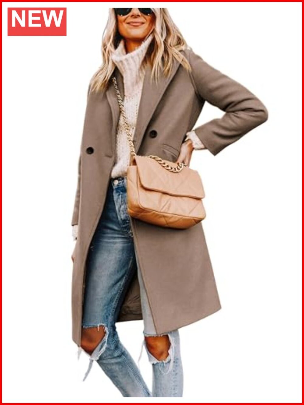 Wool Blend Notch Lapel Double-Breasted Peacoat Long Sleeve Knee Length